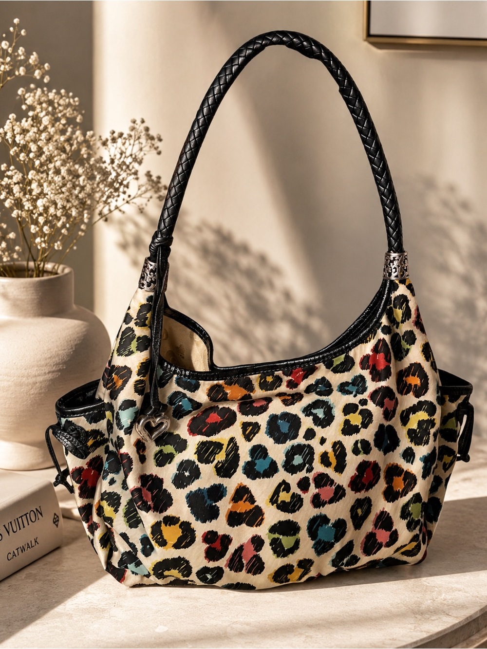 Brighton Multicolor Leopard Print Hobo Shoulder Bag Heart Charm